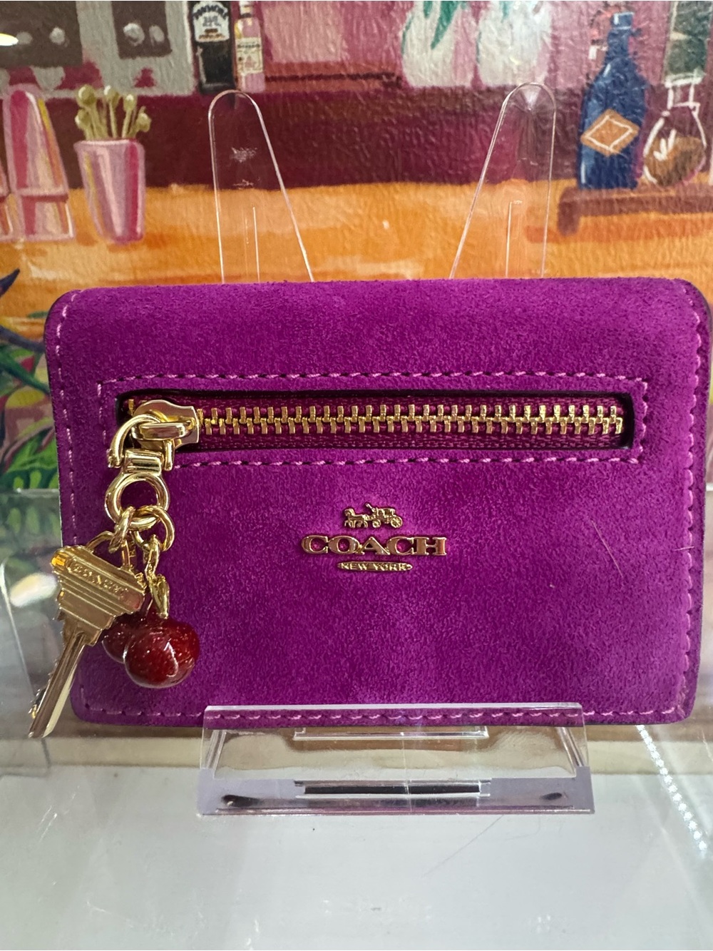 COACH Suede Fold Over Mini Wallet Zip Pocket Cherries & Key Charms Gold Tone